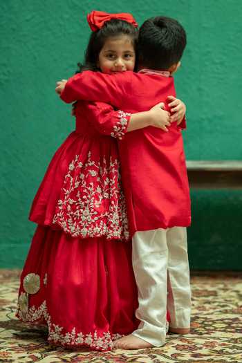 Rage Attire-Sweta Saria_Red Silk, Bemberg Pearl Embroidered Sherwani Set _at_Aza_Fashions