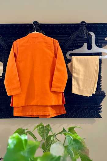 Rage Attire-Sweta Saria_Orange Silk Mirror Work Sherwani Jacket Set _Online_at_Aza_Fashions