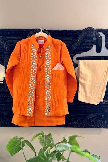 Buy_Rage Attire-Sweta Saria_Orange Silk Mirror Work Sherwani Jacket Set _Online_at_Aza_Fashions