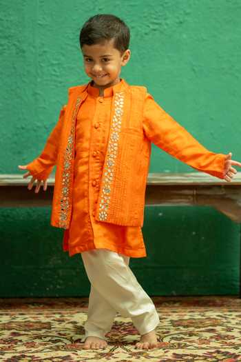 Buy_Rage Attire-Sweta Saria_Orange Silk Mirror Work Sherwani Jacket Set _at_Aza_Fashions