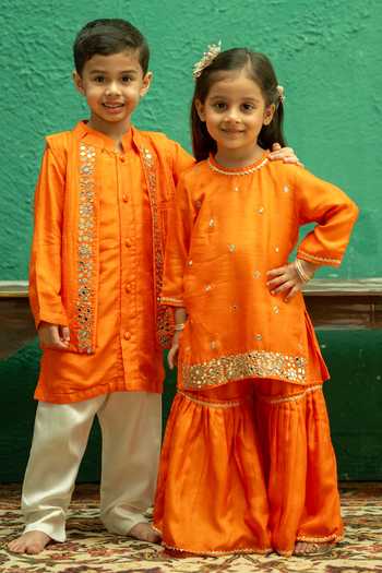 Shop_Rage Attire-Sweta Saria_Orange Silk Mirror Work Sherwani Jacket Set _Online_at_Aza_Fashions