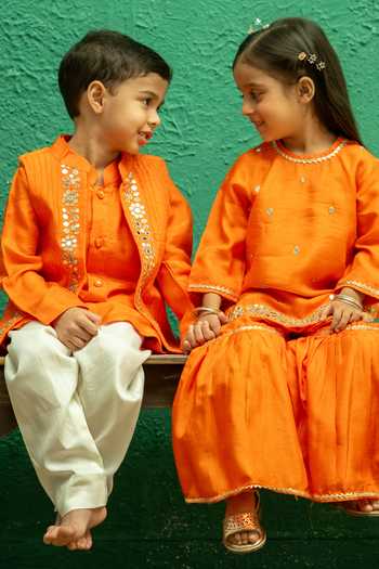 Rage Attire-Sweta Saria_Orange Silk Mirror Work Sherwani Jacket Set _at_Aza_Fashions