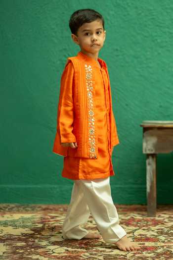 Rage Attire-Sweta Saria_Orange Silk Mirror Work Sherwani Jacket Set _Online