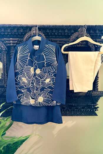 Rage Attire-Sweta Saria_Blue Silk, Bemberg Flower Sutta Embroidered Nehru Jacket Kurta Set _Online_at_Aza_Fashions