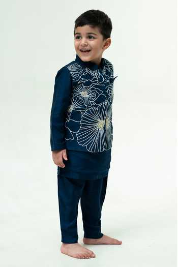 Buy_Rage Attire-Sweta Saria_Blue Silk, Bemberg Flower Sutta Embroidered Nehru Jacket Kurta Set _Online_at_Aza_Fashions