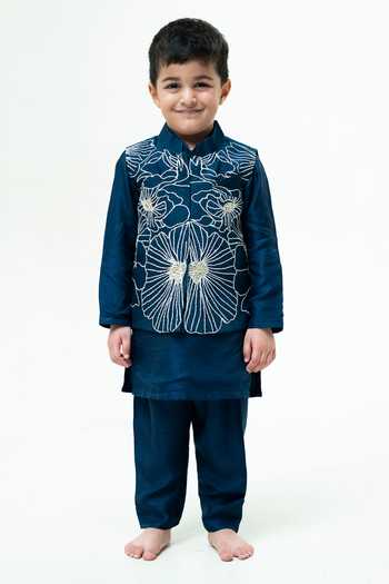 Rage Attire-Sweta Saria_Blue Silk, Bemberg Flower Sutta Embroidered Nehru Jacket Kurta Set _at_Aza_Fashions