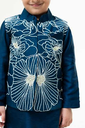 Shop_Rage Attire-Sweta Saria_Blue Silk, Bemberg Flower Sutta Embroidered Nehru Jacket Kurta Set 