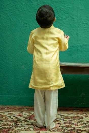 Shop_Rage Attire-Sweta Saria_Yellow Bemberg, Silk Safari Animal Embroidered Bamberg Nehru Jacket And Kurta Set _at_Aza_Fashions