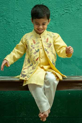 Rage Attire-Sweta Saria_Yellow Bemberg, Silk Safari Animal Embroidered Bamberg Nehru Jacket And Kurta Set _Online_at_Aza_Fashions