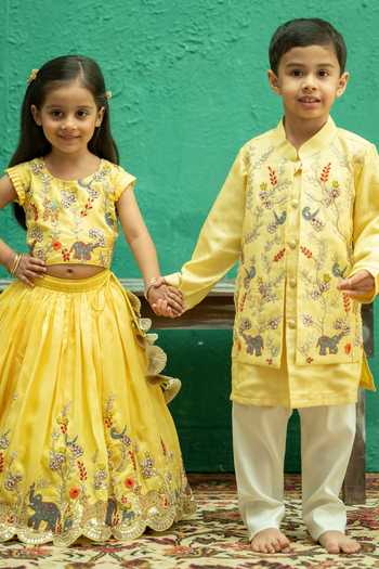 Buy_Rage Attire-Sweta Saria_Yellow Bemberg, Silk Safari Animal Embroidered Bamberg Nehru Jacket And Kurta Set _Online_at_Aza_Fashions