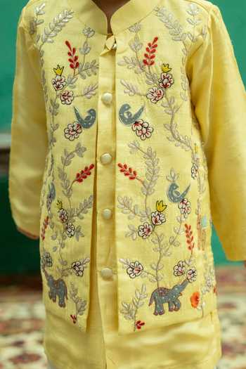 Shop_Rage Attire-Sweta Saria_Yellow Bemberg, Silk Safari Animal Embroidered Bamberg Nehru Jacket And Kurta Set _Online_at_Aza_Fashions