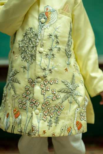 Rage Attire-Sweta Saria_Yellow Organza Flamingo Embroidered Sherwani Set _Online_at_Aza_Fashions