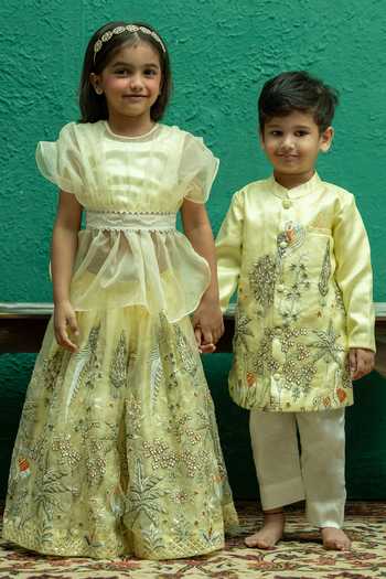 Shop_Rage Attire-Sweta Saria_Yellow Organza Flamingo Embroidered Sherwani Set _at_Aza_Fashions