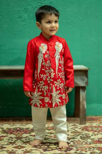 Buy_Rage Attire-Sweta Saria_Red Organza Flamingo Embroidered Sherwani Set _at_Aza_Fashions