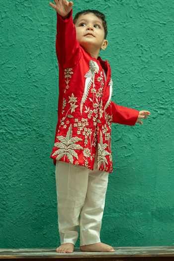 Rage Attire-Sweta Saria_Red Organza Flamingo Embroidered Sherwani Set _Online_at_Aza_Fashions