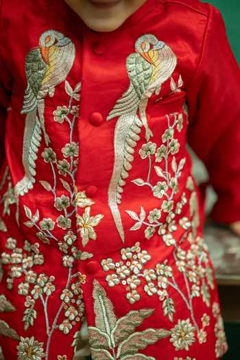 Buy_Rage Attire-Sweta Saria_Red Organza Flamingo Embroidered Sherwani Set _Online_at_Aza_Fashions
