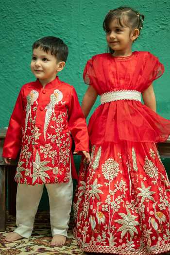 Shop_Rage Attire-Sweta Saria_Red Organza Flamingo Embroidered Sherwani Set _Online_at_Aza_Fashions