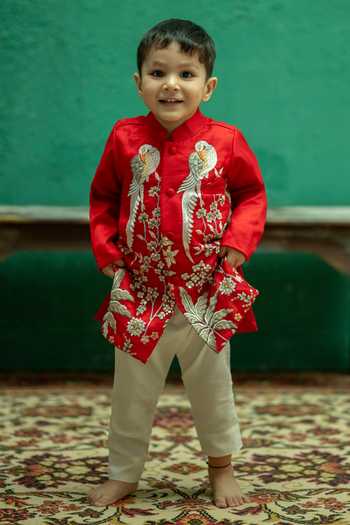 Rage Attire-Sweta Saria_Red Organza Flamingo Embroidered Sherwani Set _at_Aza_Fashions