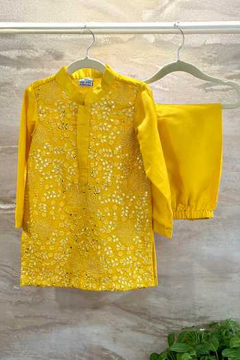 Buy_Rage Attire-Sweta Saria_Yellow Silk, Bemberg, Cotton Foil Floral Pattern Kurta Set _at_Aza_Fashions