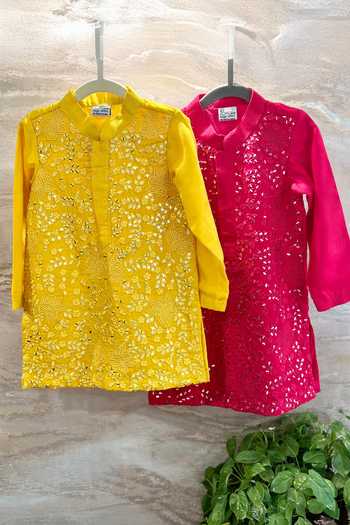 Shop_Rage Attire-Sweta Saria_Yellow Silk, Bemberg, Cotton Foil Floral Pattern Kurta Set _at_Aza_Fashions
