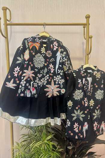 Shop_Rage Attire-Sweta Saria_Black Silk, Muslin Phool Aur Pankh Nehru Jacket Kurta Set _at_Aza_Fashions
