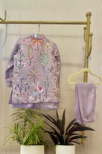 Buy_Rage Attire-Sweta Saria_Purple Silk, Bemberg, Cotton, Phool Aur Pankh Pattern Nehru Jacket Kurta Set _Online_at_Aza_Fashions