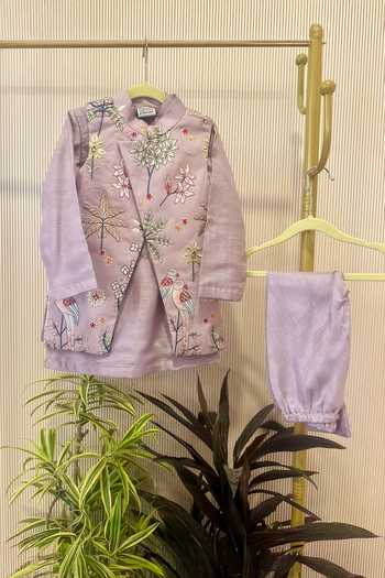 Shop_Rage Attire-Sweta Saria_Purple Silk, Bemberg, Cotton, Phool Aur Pankh Pattern Nehru Jacket Kurta Set _Online_at_Aza_Fashions