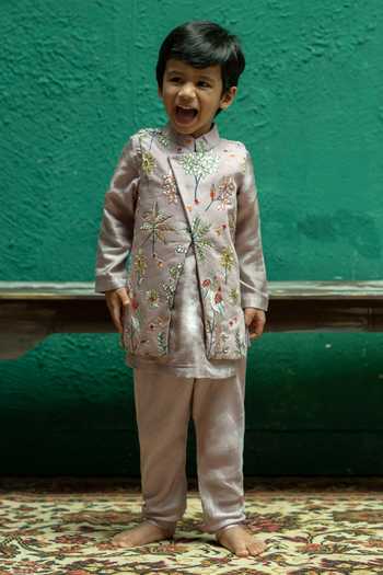 Rage Attire-Sweta Saria_Purple Silk, Bemberg, Cotton, Phool Aur Pankh Pattern Nehru Jacket Kurta Set _at_Aza_Fashions