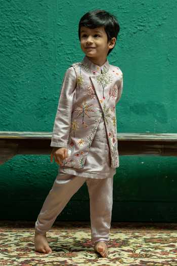 Buy_Rage Attire-Sweta Saria_Purple Silk, Bemberg, Cotton, Phool Aur Pankh Pattern Nehru Jacket Kurta Set 