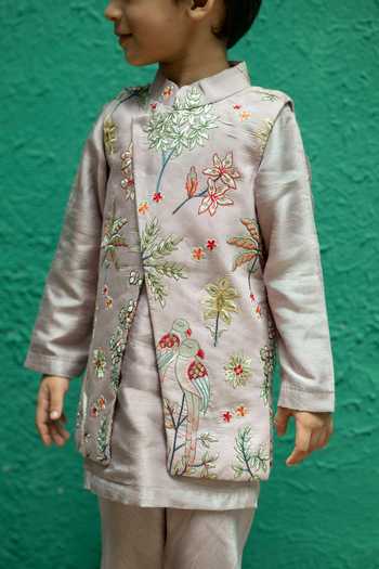 Shop_Rage Attire-Sweta Saria_Purple Silk, Bemberg, Cotton, Phool Aur Pankh Pattern Nehru Jacket Kurta Set 
