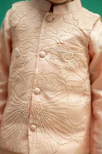 Buy_Rage Attire-Sweta Saria_Peach Silk, Bemberg, Cotton Resham Embroidered Nehru Jacket Set _Online_at_Aza_Fashions