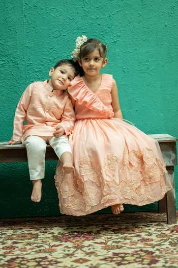 Shop_Rage Attire-Sweta Saria_Peach Silk, Bemberg, Cotton Resham Embroidered Nehru Jacket Set _Online_at_Aza_Fashions