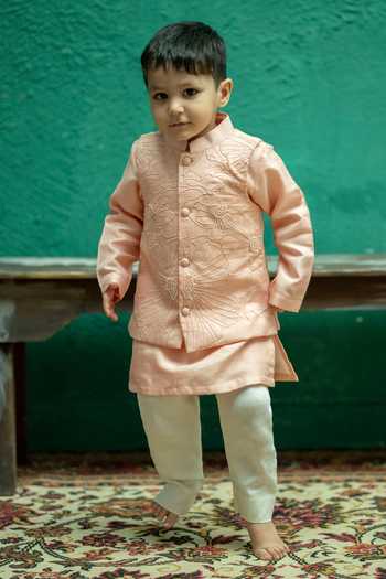 Shop_Rage Attire-Sweta Saria_Peach Silk, Bemberg, Cotton Resham Embroidered Nehru Jacket Set _at_Aza_Fashions
