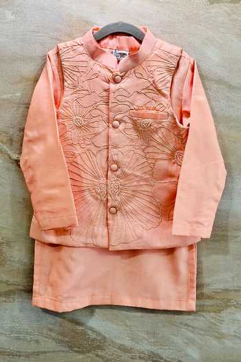 Buy_Rage Attire-Sweta Saria_Peach Silk, Bemberg, Cotton Resham Embroidered Nehru Jacket Set 
