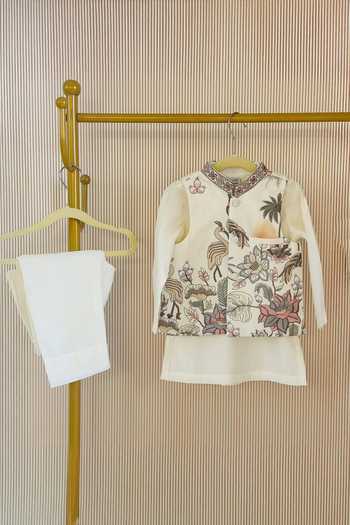 Buy_Rage Attire-Sweta Saria_Off White Silk, Bemberg, Cotton Flamingo Pattern Nehru Jacket Kurta Set _at_Aza_Fashions