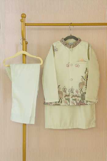 Buy_Rage Attire-Sweta Saria_Lime Silk, Bemberg, Cotton Flamingo Pattern Nehru Jacket Kurta Set _at_Aza_Fashions