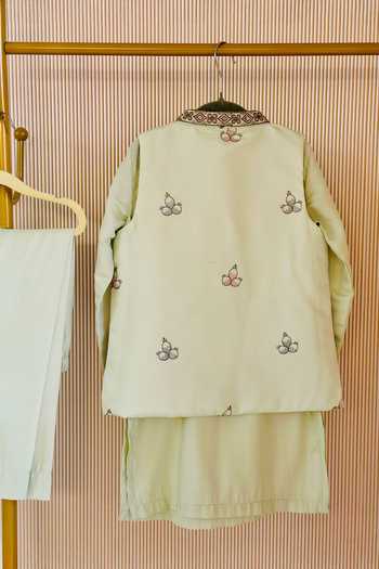 Shop_Rage Attire-Sweta Saria_Lime Silk, Bemberg, Cotton Flamingo Pattern Nehru Jacket Kurta Set _at_Aza_Fashions