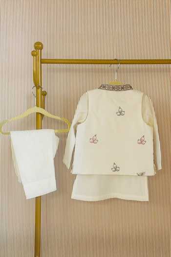 Shop_Rage Attire-Sweta Saria_Ivory Silk, Bemberg, Cotton Embroidered Nehru Jacket And Kurta Set _at_Aza_Fashions