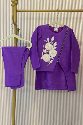 Buy_Rage Attire-Sweta Saria_Purple Silk Bold Bloom Asymmetric Jacket And Kurta Set _Online_at_Aza_Fashions