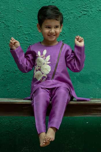 Buy_Rage Attire-Sweta Saria_Purple Silk Bold Bloom Asymmetric Jacket And Kurta Set _at_Aza_Fashions
