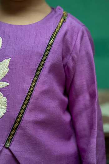 Rage Attire-Sweta Saria_Purple Silk Bold Bloom Asymmetric Jacket And Kurta Set _at_Aza_Fashions