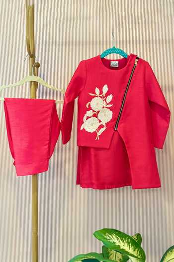 Shop_Rage Attire-Sweta Saria_Red Silk Bold Bloom Asymmetric Jacket And Kurta Set _Online_at_Aza_Fashions