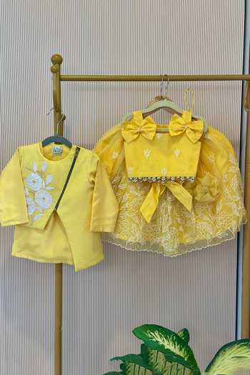 Rage Attire-Sweta Saria_Yellow Silk Bold Bloom Asymmetric Jacket Set _Online_at_Aza_Fashions