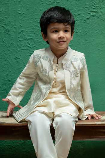 Shop_Rage Attire-Sweta Saria_Ivory Silk, Bemberg Embroidered Nehru Jacket Kurta Set _at_Aza_Fashions