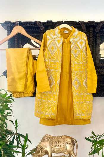 Buy_Rage Attire-Sweta Saria_Yellow Silk, Bemberg Embroidered Nehru Jacket Kurta Set _at_Aza_Fashions