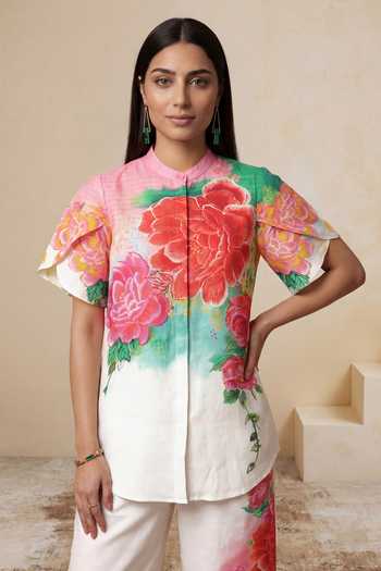 Buy_Satya Paul_Off White Linen, Viscose Mandarin Collar Rose Mist Print Top And Pant Set 
