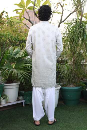 Shop_Dev Ki Raha_Silver Silk Raahgir Embroidered Kurta And Salwar Set _at_Aza_Fashions