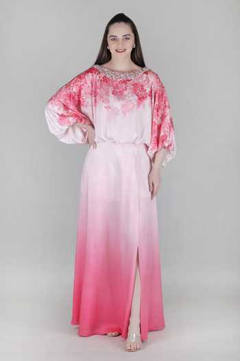 Buy_Mandira Wirk_Pink Satin Boat Neck Blush Ombre Top And Skirt Set _at_Aza_Fashions