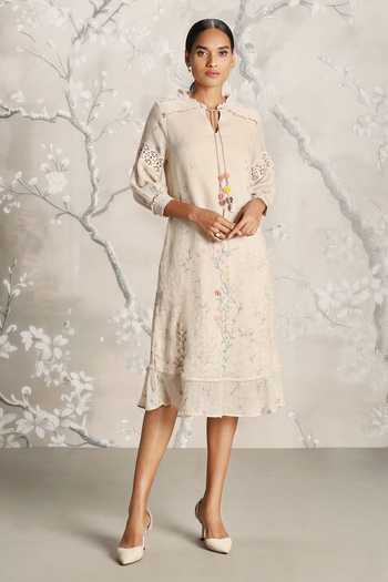 Buy_Kaveri_Beige Linen Embroidery Open Neck Walk In The Clouds Karma Floral Pattern Dress _at_Aza_Fashions