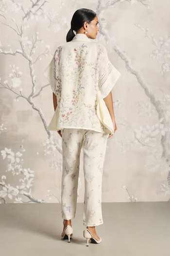 Shop_Kaveri_Off White Linen Embroidery Walk In The Clouds Floral Print Kaftan And Pant Set _at_Aza_Fashions